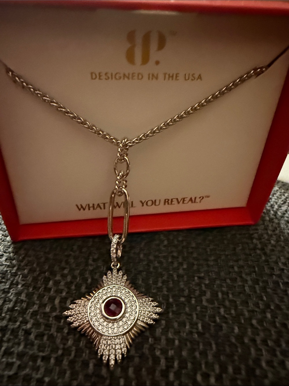 Rhodium July births Starburst Pendant Necklace with Red Center
